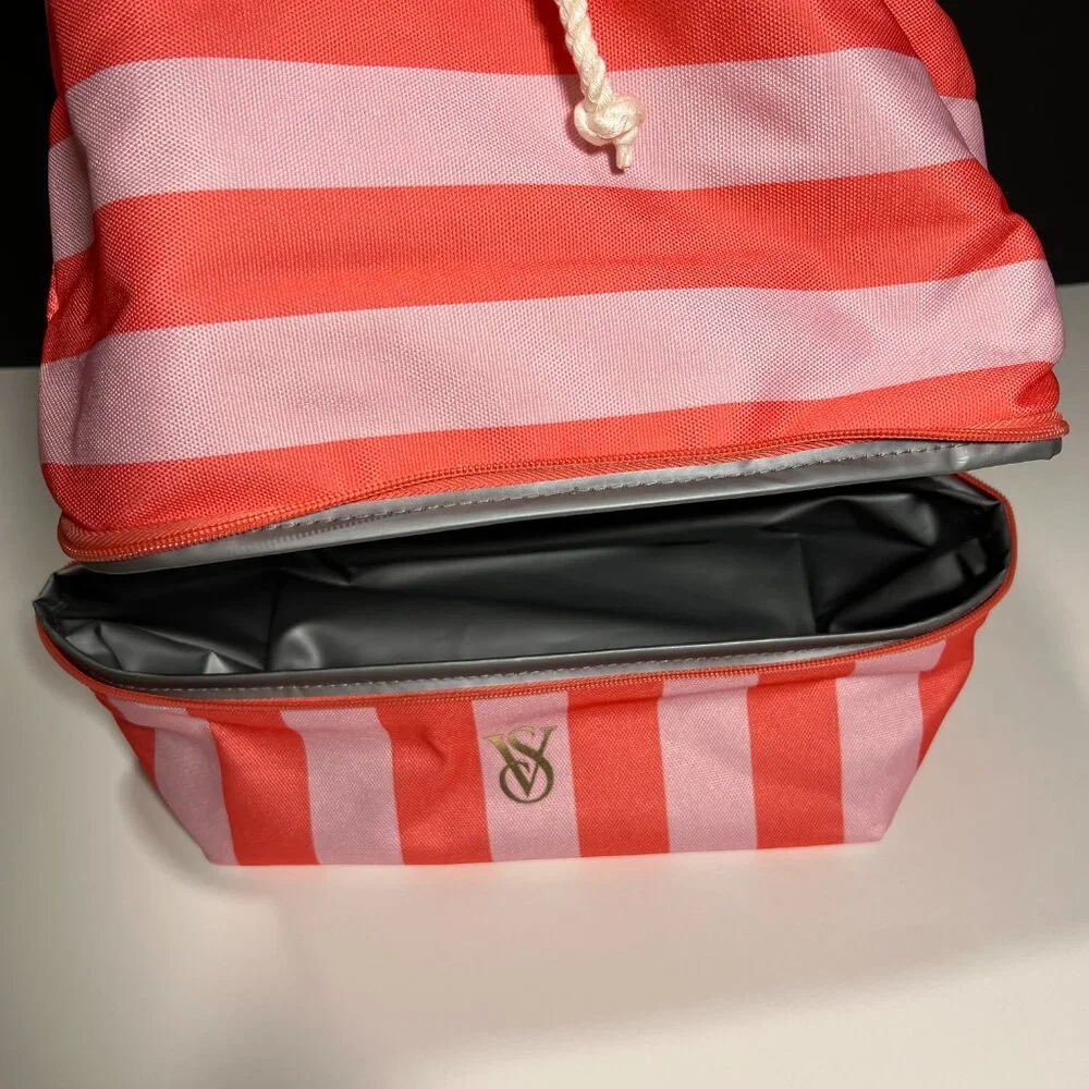 Victoria Secret Backpack Cooler Pocket Beach Bag Logo Drawstring Stripped Pink - Picture 12 of 14